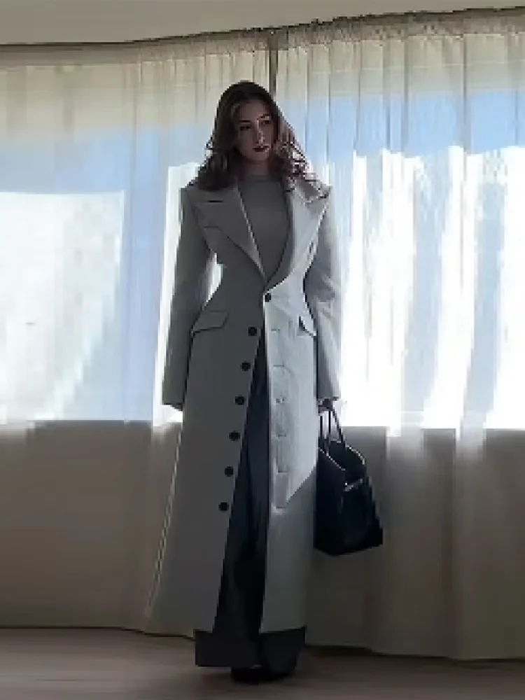 Elegant Cinch Waist Long Thick Coats Women Fashion Single Breasted Lapel Full Sleeve Slim Fit Overcoat Winter Party Commute Wear