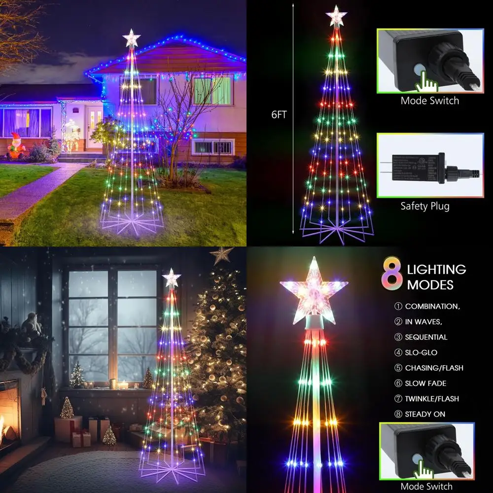 

Многоцветная анимированная светодиодная рождественская елка, высота 6 футов со звездой-топпером, конусная елка с подсветкой в помещении и на открытом воздухе для патио