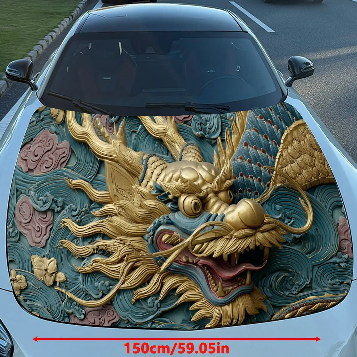 Relief Golden Dragon PVC Car Hood Wraps, Self-Adhesive Waterproof Car Bonnet Decal Sticker, Car Decoration Protection Stickers f