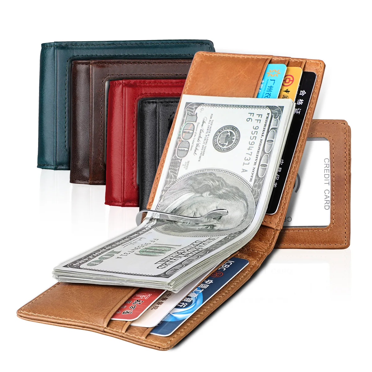 Genuine Leather Money Clips For Man Women RFID Slim Bifold Male Purse Billfold Men's Wallet Money Clip Female Clamp For Cash