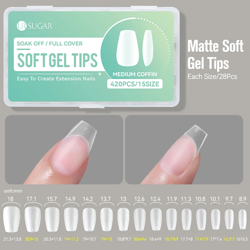 UR SUGAR 420PCS/Box Gel Soft Gel Tips Short Almond Mixed Size Nail Tips Fake Nails Full Cover Press On Nails For Nail Manicure