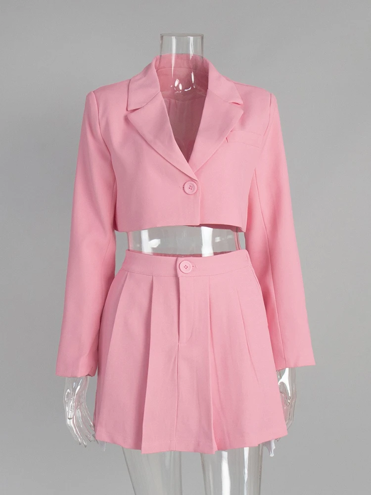 FDYOUI Abito corto monopetto Top + Gonne a pieghe Set da 2 pezzi Blazer da donna Set coordinato Office Lady Abito rosa Streetwear