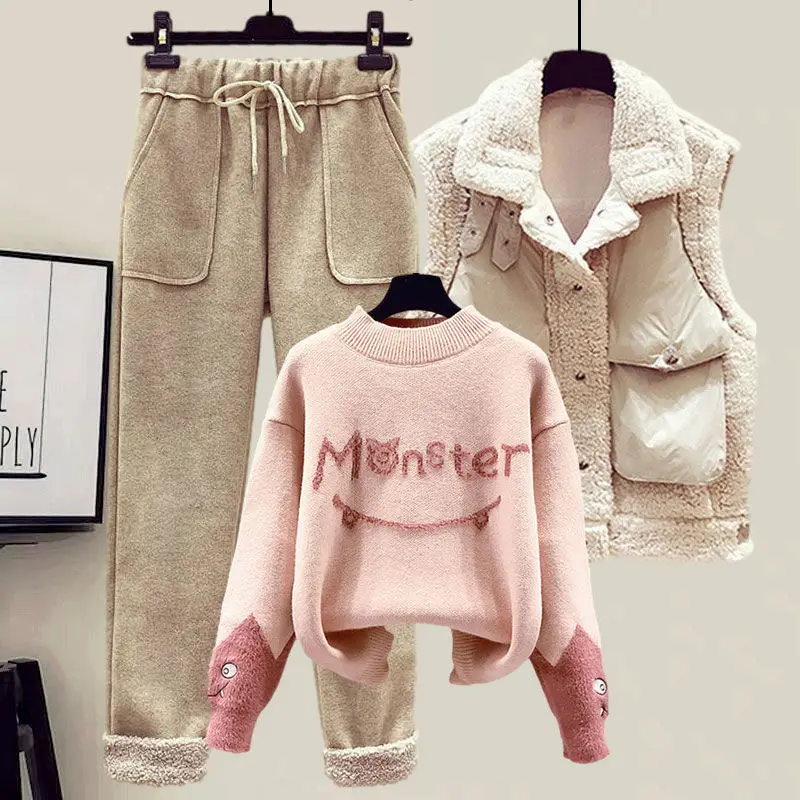 2024 Winter New Cashmere Vest Coat Embroidery Knitted Sweater Casual Trousers Three Piece Elegant Women's Pants Set Outfit