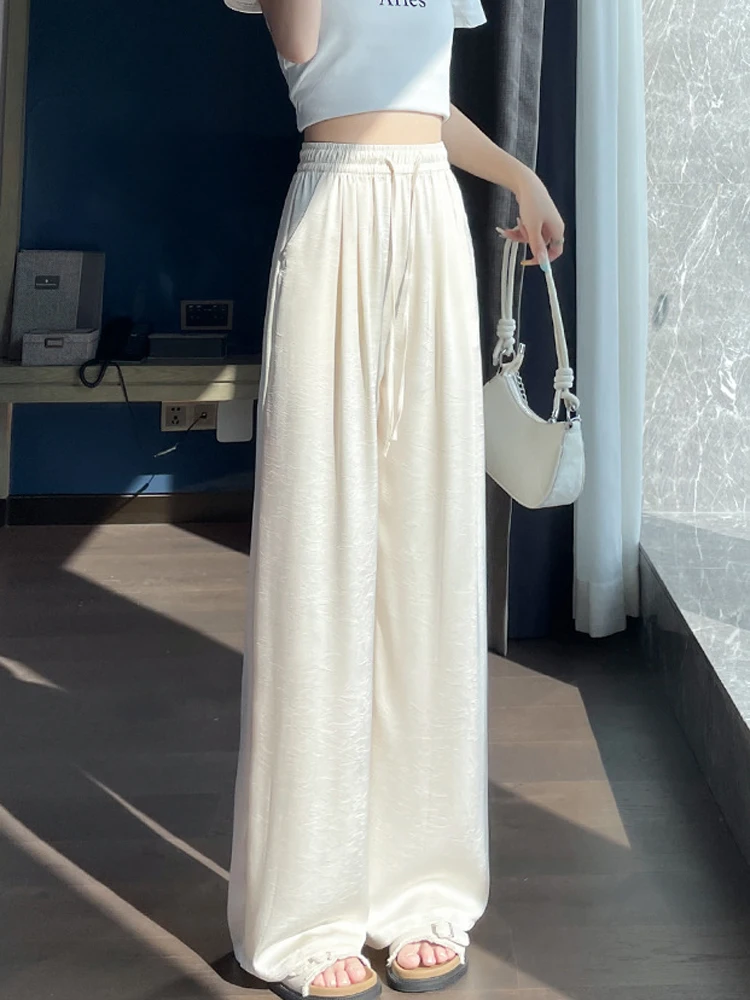 

FSMG Fashion High Waist Satin Jacquard Wide Leg Pants Casual Drawstring Solid Breathable Loose Straight Trousers Soft Full Pants
