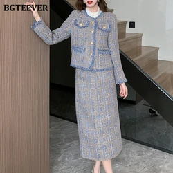 BGTEEVER Elegant Loose Women 2 Pieces Skirt Set Long Sleeve Single-breasted Tassels Suit Jackets & Straight Skirts Autumn Winter
