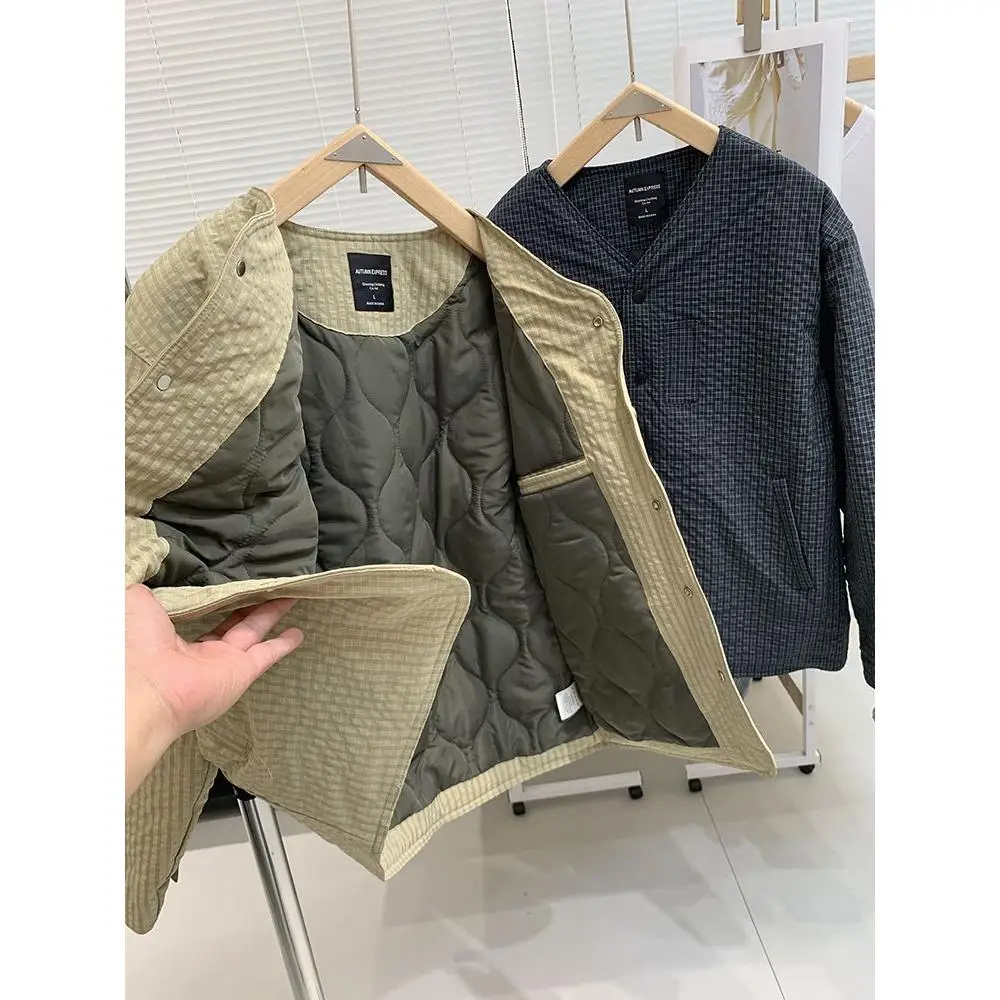 

Loose Fit Plaid Fabric Mountain Series Functional Patchwork Cotton Jaet Autumn Winter ex Casual Layering Coat without C...