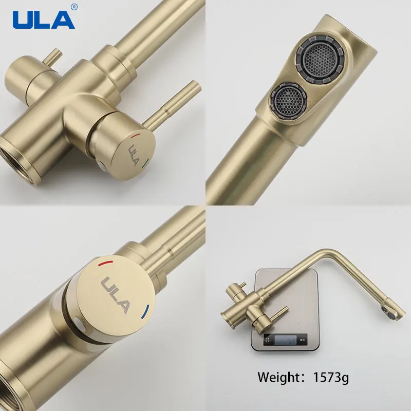 ULA Brushed Gold Kitchen Faucets Stainless Steel 360 Rotate Kitchen Faucet Deck Mount Cold Hot Water Sink Mixer Kitchen Gold Tap