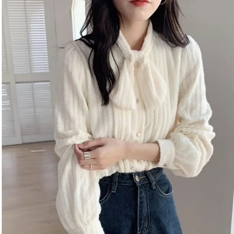 

Juspinice White Fleece Lace Bow Shirt for Women Spring and Autumn Sweet Style Gauze Cardigan Shirt French Long Sleeve Tops
