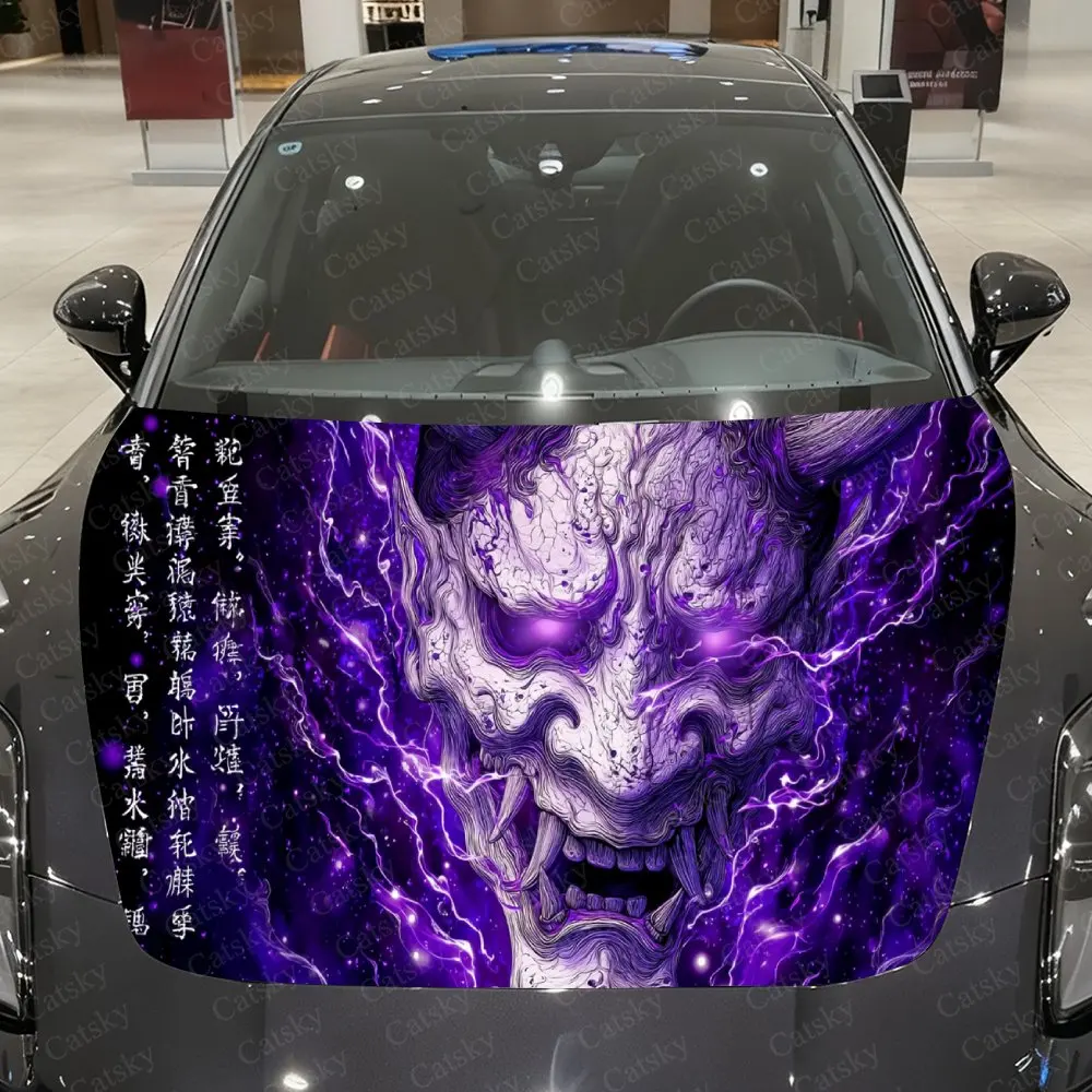 

Purple Flame Oni Mask Japanese Style Car Vinyl Wrap, PVC Waterproof Car Hood Sticker, Self-Adhesive Scratch-Resistant Stickers