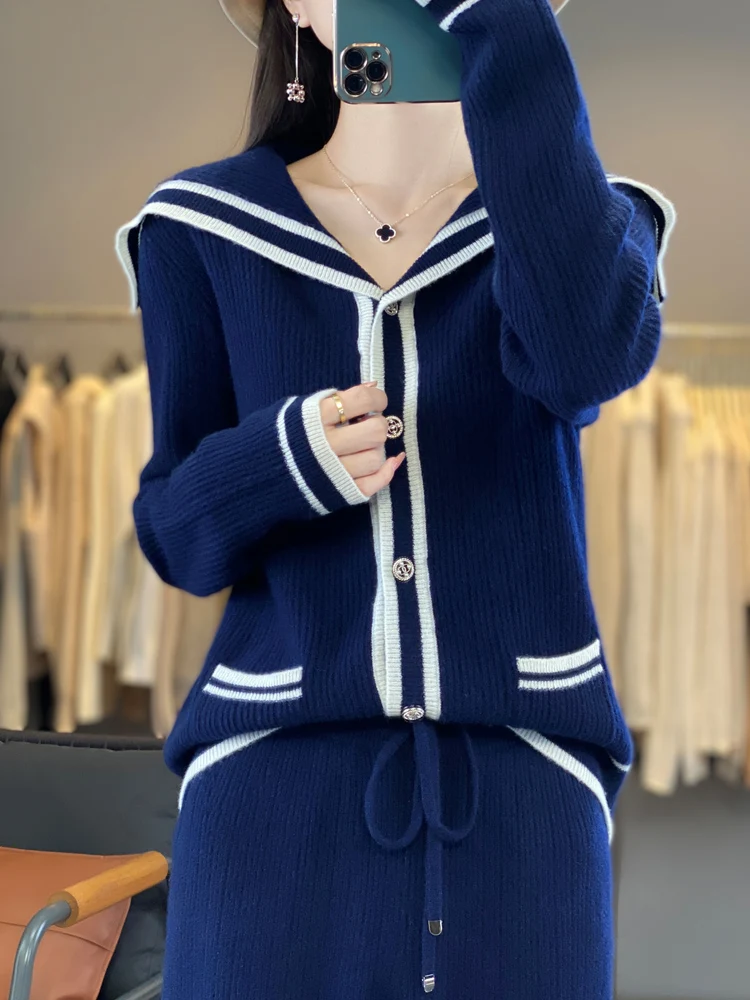 Women's Matching Set 100% Merino Wool Navy Collar Cardigan Casual Color Blocked Knitted Pants 2-Piece Set Loose Women's Clothing