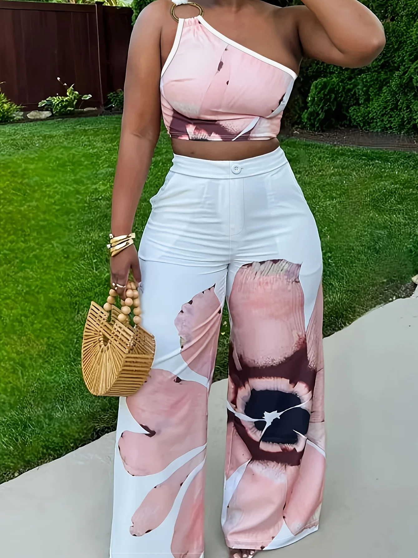 

Casual Floral Print One-shoulder Sleeveless Pullover Top and Wide-leg Pants Vacation Two-piece Trousers Set