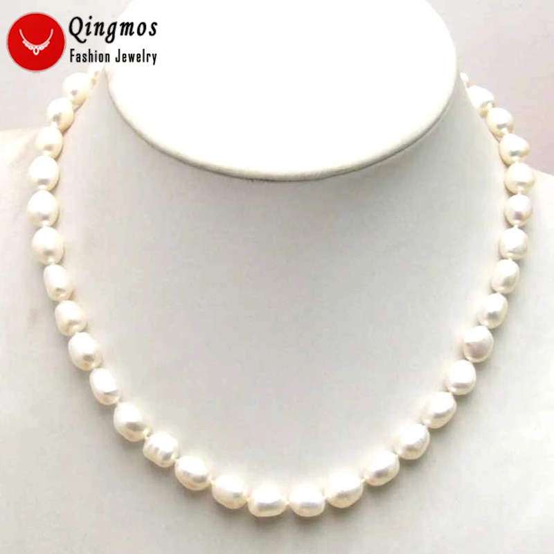 Qingmos 8-9mm BAROQUE Natural White Pearl Necklace for Women with Freshwater Pearl Chokers Jewelry 17