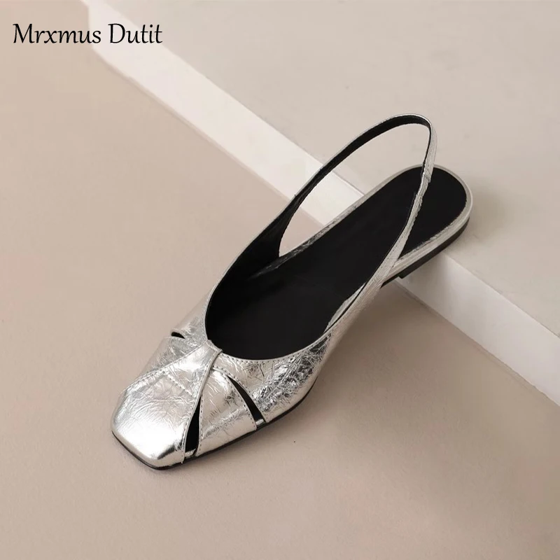 Mrxmus Dutit 2023 Summer Fashion New Women Genuine Leather Flat Weave Hollow Square Head Sandals Solid Casual Shoes Female Chic