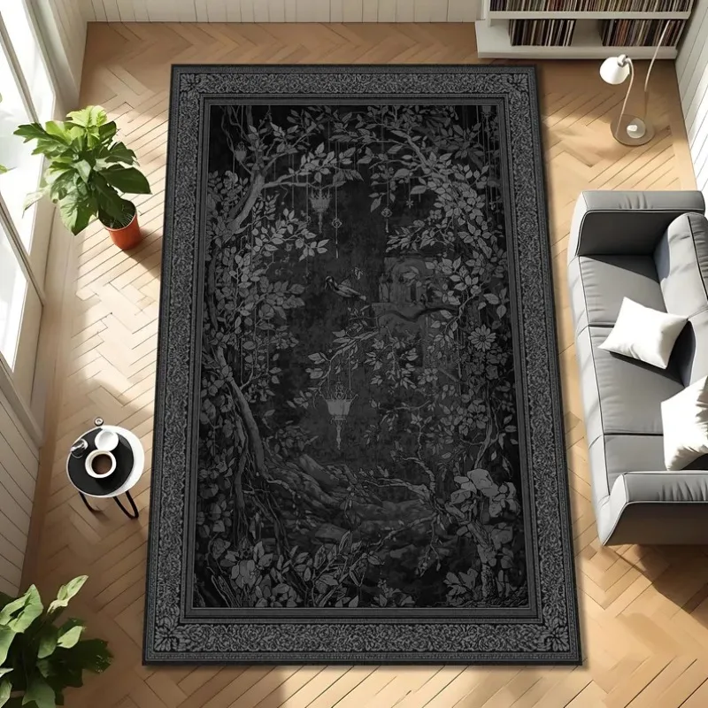 Dark Gothic Bat Forest Rug Retro Witchy Spider Web Pattern Carpet for Living Room Bedroom Dark Academia Decor NonSlip Floor Mat