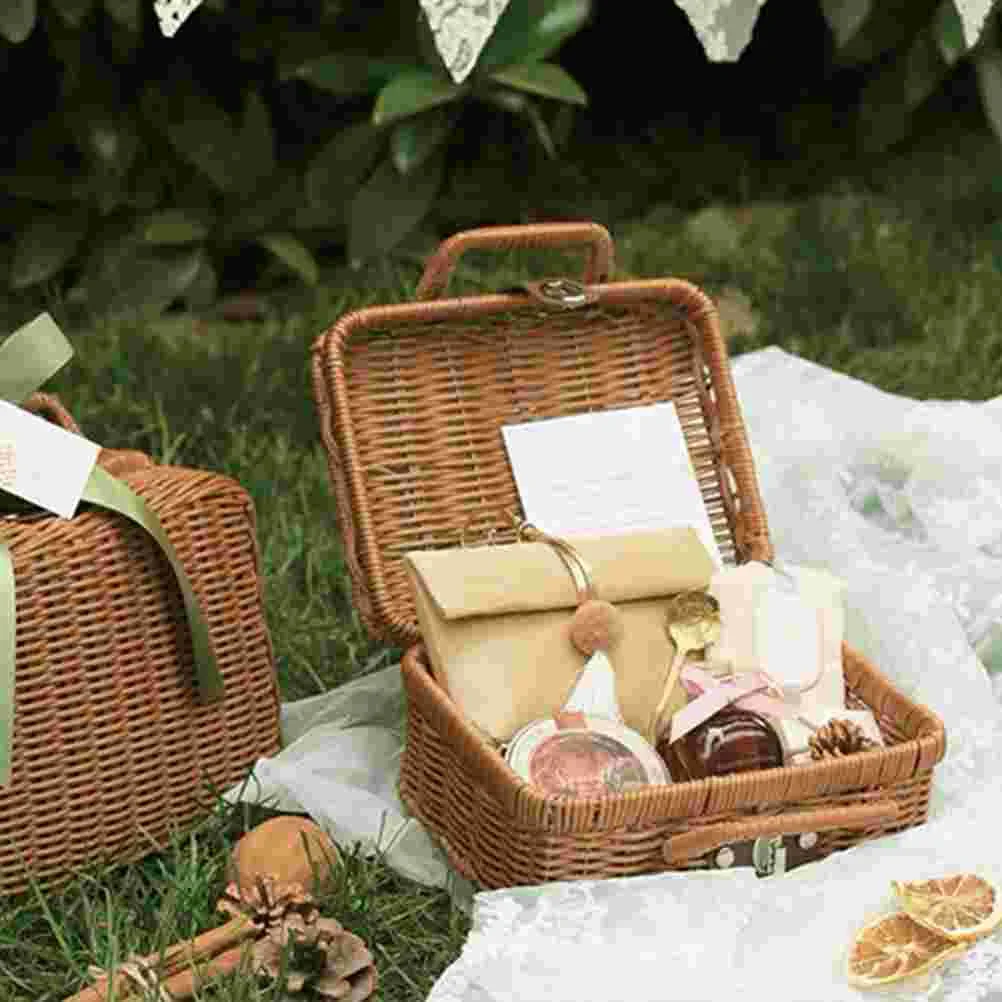 Basket Rattan Wicker Suitcase Picnic Woven Storage Vintage Box Handbag Hamper Camping Gift Bin Trunk Rustic Case Farmhouse Retro