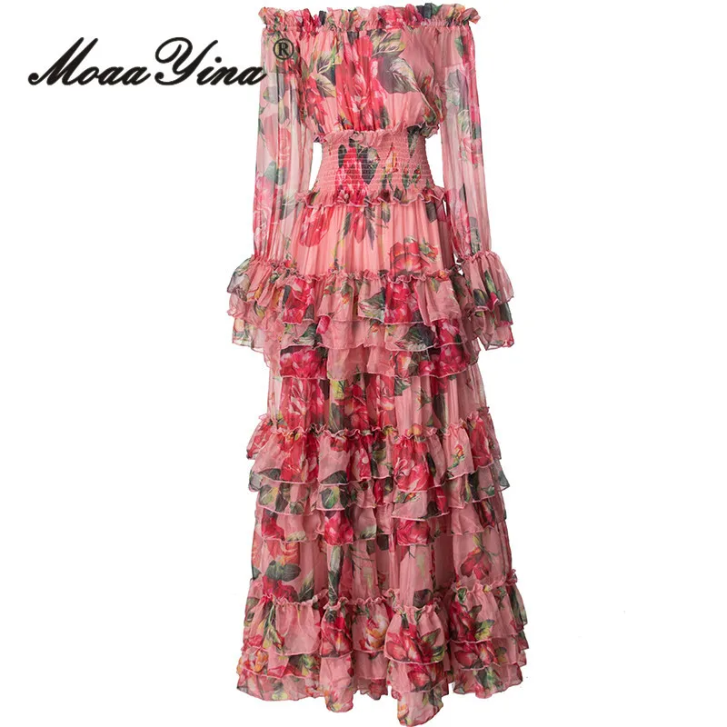 

MoaaYina 2024 Summer High Quality Women Dress Bohemian Floral Print Chiffon Elastic Waist Cascading Ruffle Flare Sleeve Dresses