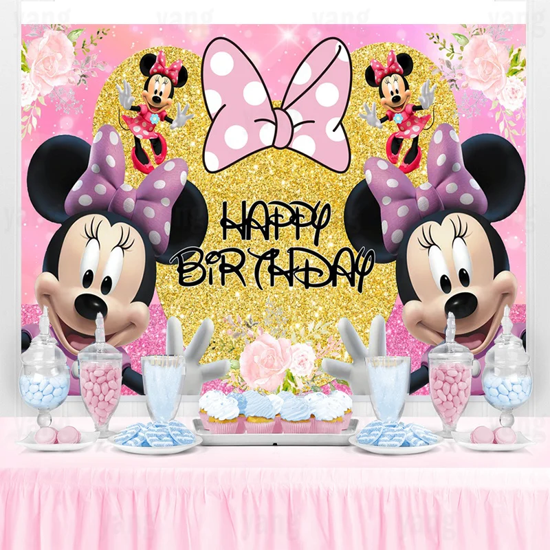 Disney Gold Pink Glitter Flower Minnie Mouse Backdrop Party Supplies Photography Backdrop Birthday Background Girls Decoration