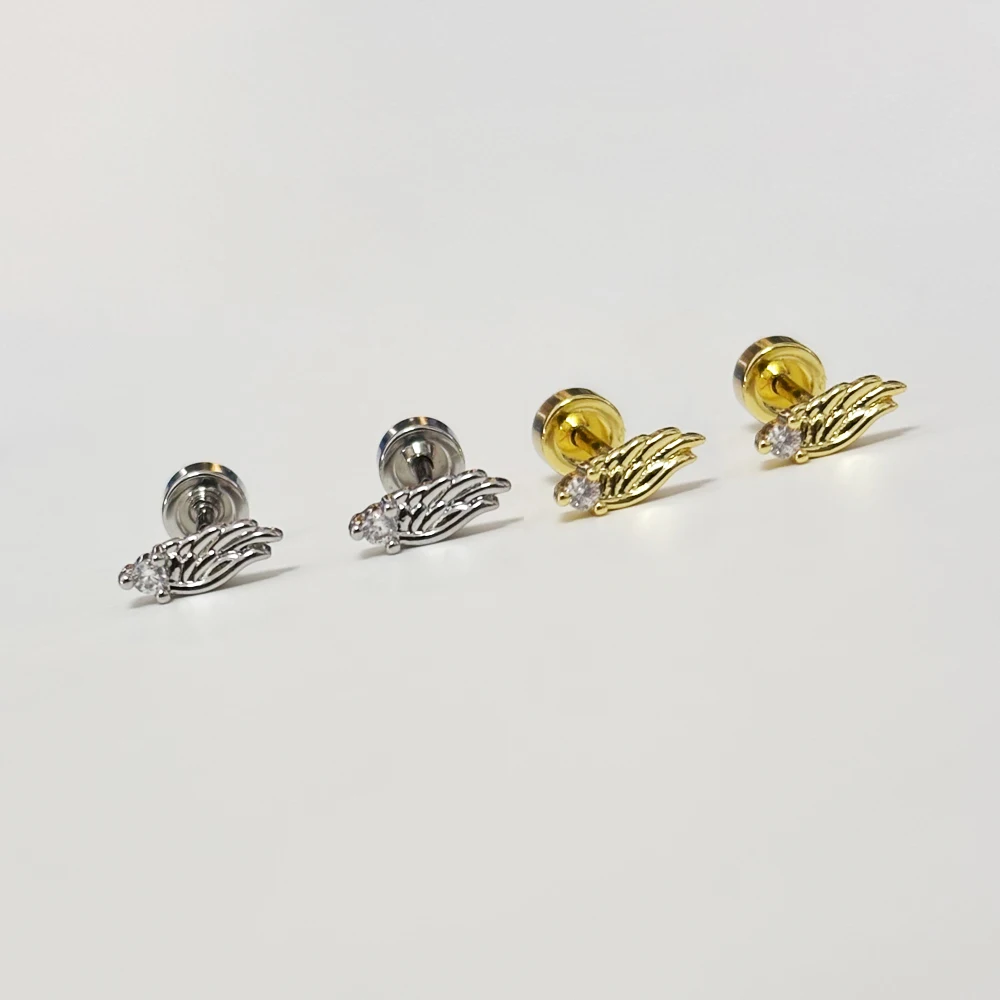 1 PCS Cute Mix Feather Design Zircon Wing Ear Cartilage Piercing Earring Gold Color Steel Helix Screw Bar Stud Cuff Jewelry
