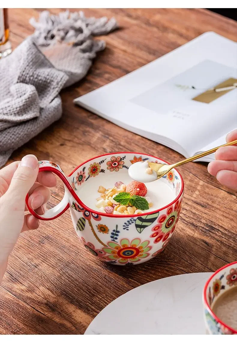 Mugs Originality Breakfast Milk Multifunctional Ceramics Water Cup Kitchen Drinkware Retro Light Luxury Flower Pattern