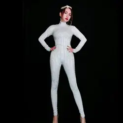 Fashion Long White Pearls Unitard Women Sexy Party Club Jumpsuits Playsuit Drag Stage Costume Performance Dance Wear W2301022