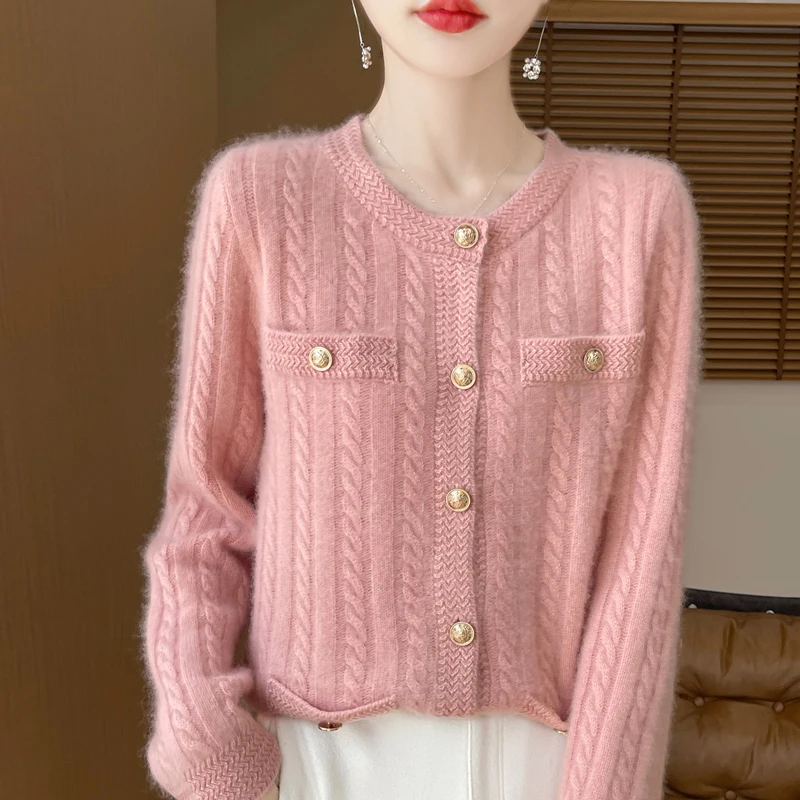 Women\'s Cardigan Autumn/Winter 100% Pure Wool Sweater Casual Knitted Sweater Round Neck Loose Tops All-match Button Blouse