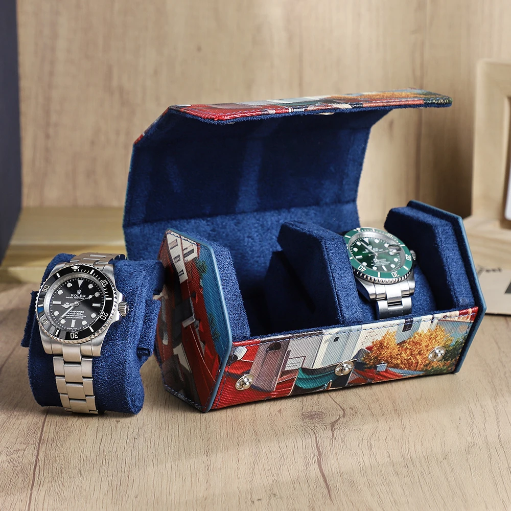 CONTACTS FAMILY Digitally Customizable 2 Slot Genuine Leather Watch Case Portable Travel Protector Custom Engraved Gift Box