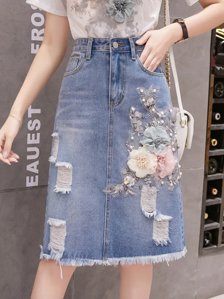 Fashion Denim Skirt Women\'s 2024 Summer High Waist Skirts Embroidry Flower Jeans Skirt Female A-line Pencil Skirts