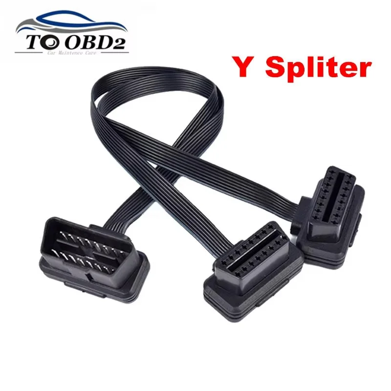 30CM OBDII Extension Dual Connector Y Splitter 16PIN Male to Female Flat Thin as Noodle for ELM327 Vehicle Diagnostic Tool