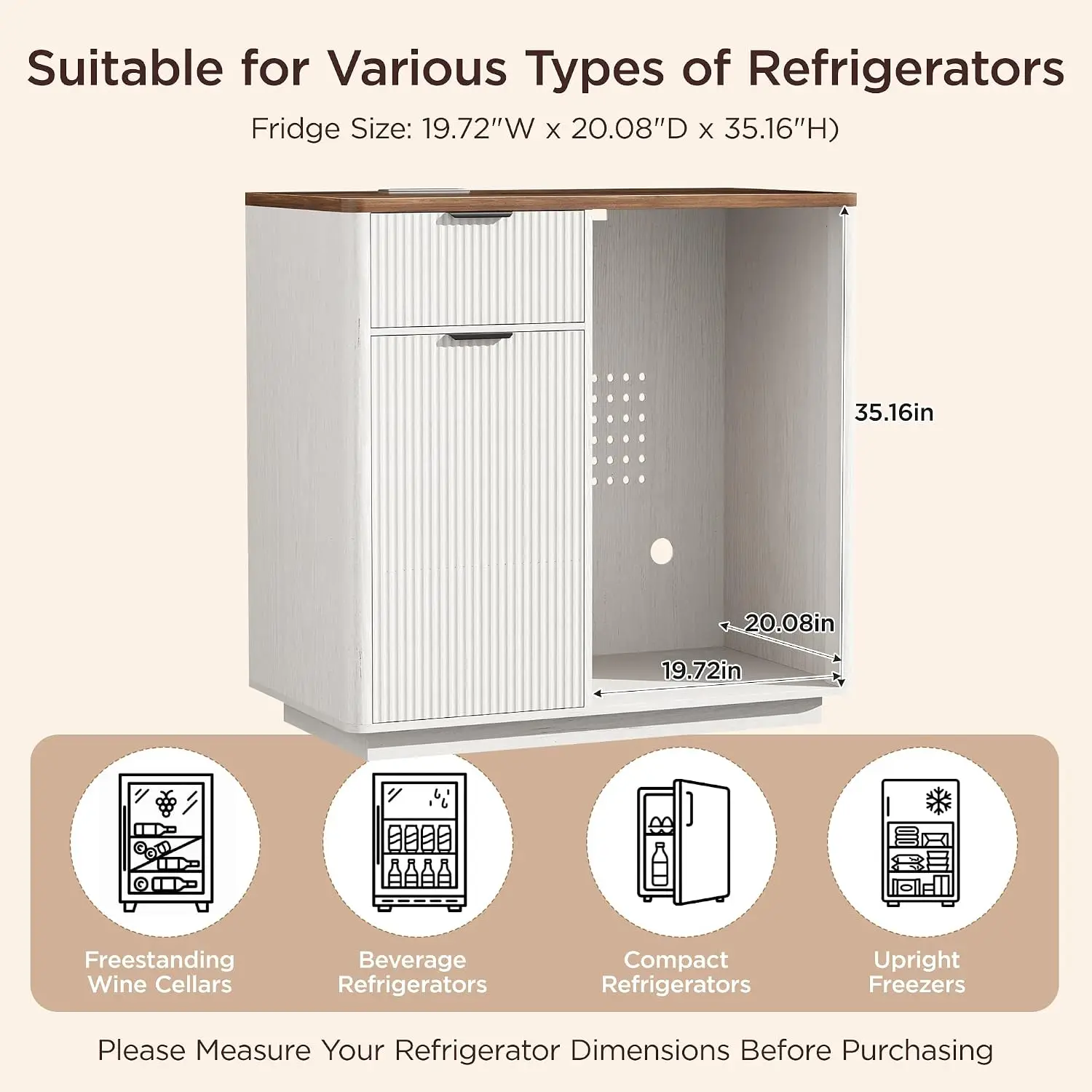 Distressed White Mini Fridge Cabinet with Storage Shelf for Coffee Bar & Kitchen, Customized