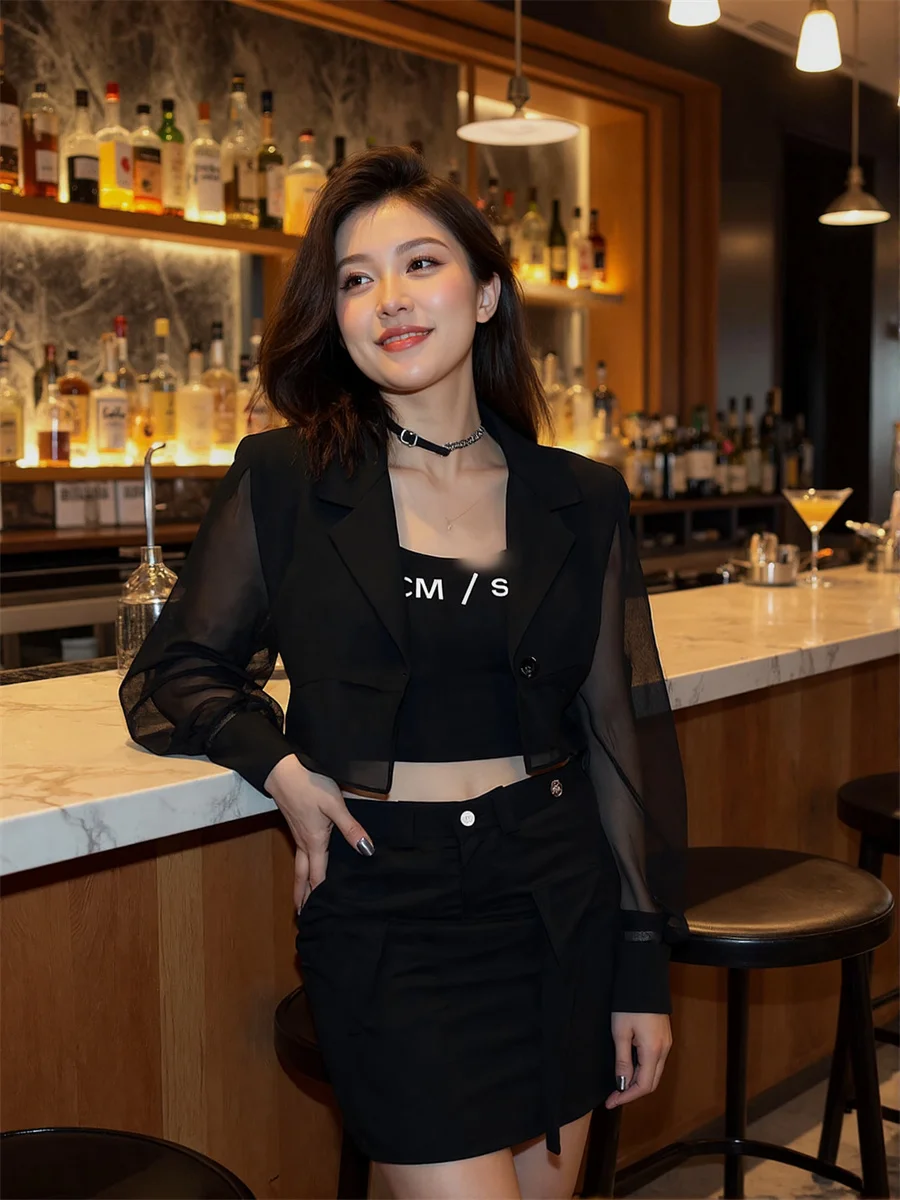 Sun-proof Cropped See-through Back-Slit Blazers Elegant Woman Clothes For Women Temperamet Slim-Fit Crew-Neck Zip Shimmer Splied