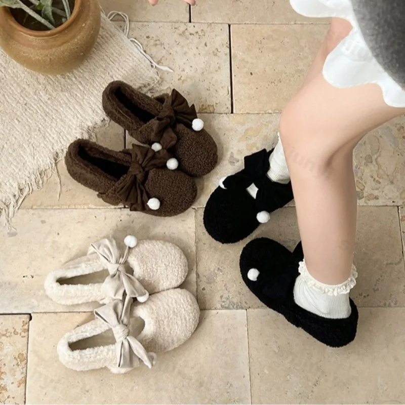

Sweet Bow Warm Hairy Shallow Mouth Single Shoes for Women 2025 Winter Fashion Versatile Soft Plush Comfortable Cotton Flat Shoes