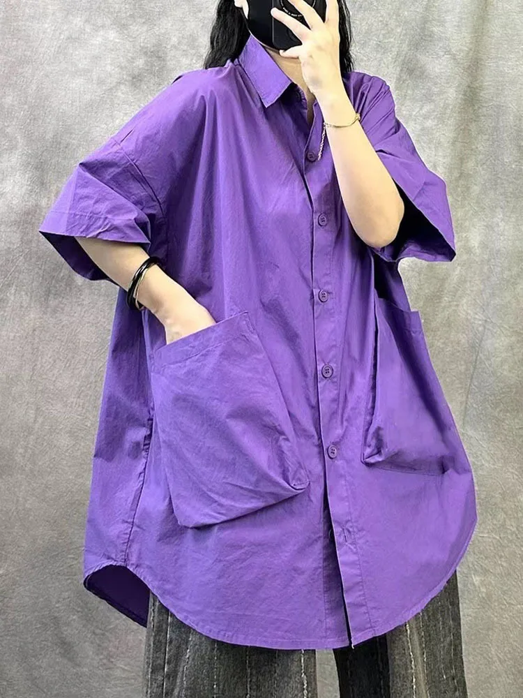 Amax LuluE 韓国夏の女性のファッションビッグサイズシャツレディースクラシックヴィンテージブラウスルーズカジュアルロングトップス Soild 綿の服