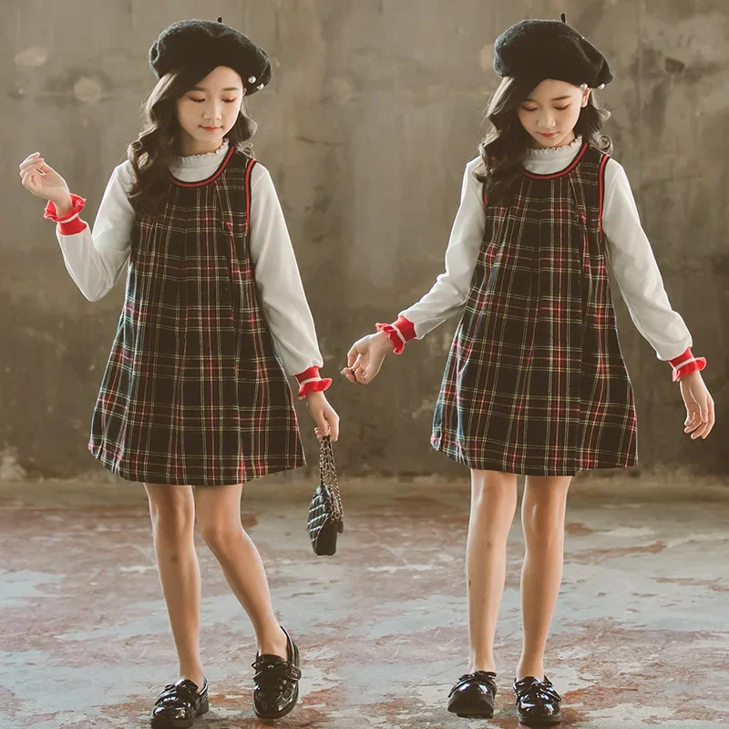 Children's Set  2023 Autumn Girls' Two Piece Dress Set White Lace Collar Knit Shirt Plaid Vest Skirt Girls Clothes for Aged 4-14