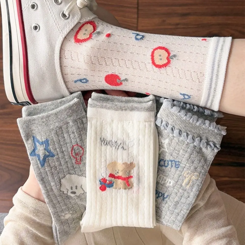 2 pary wygodne urocze bawełniane skarpetki z motywem kreskówkowym cienkie gwiazdki skarpetki do połowy łydki damskie pies oddychające letnie podkolanówki damskie