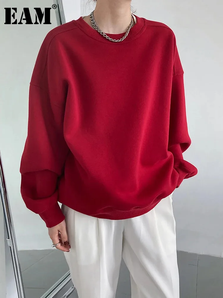 [EAM] Red Apricot Casual Plain Sweatshirt New Round Neck Long Sleeve Women Big Size Fashion Tide Spring Autumn 2023 1DH6655