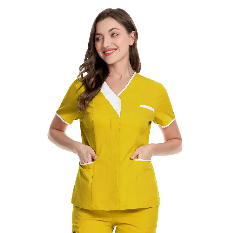 Mulheres Monocromático Enfermeira Uniforme, Curto Decote V, Blusa de Manga, Blusa Hospitalar, Túnica de Trabalho, Salão de Beleza