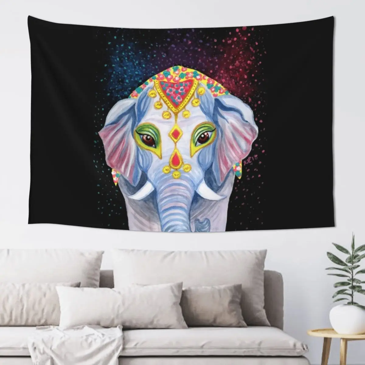 Indian Holi Elephant Watercolor and Acrylic Painting Tapestry Decoration Pictures Room Wall Bed Room Decoration Tapestry