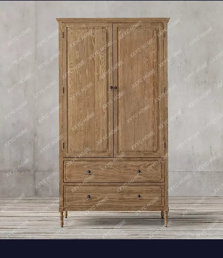 L  Country Old Retro Solid Wood Wardrobe Two Doors Carved Log Color Overall Wardrobe Oak Furniture Customization