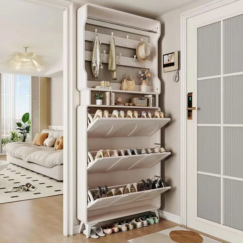 Storage Shoe Rack Ultra-thin Bucket Shoe Cabinet Entrance Door Wall-mounted Clothes Hanger Shoe Cabinet