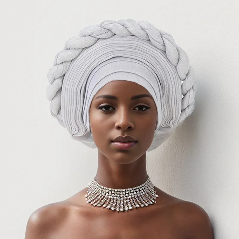 2025 New African Headtie Braids Turban Nigeria Head Ties Shimmer Already Made Auto Gele Women Head Wrap for Wedding Party Bonnet