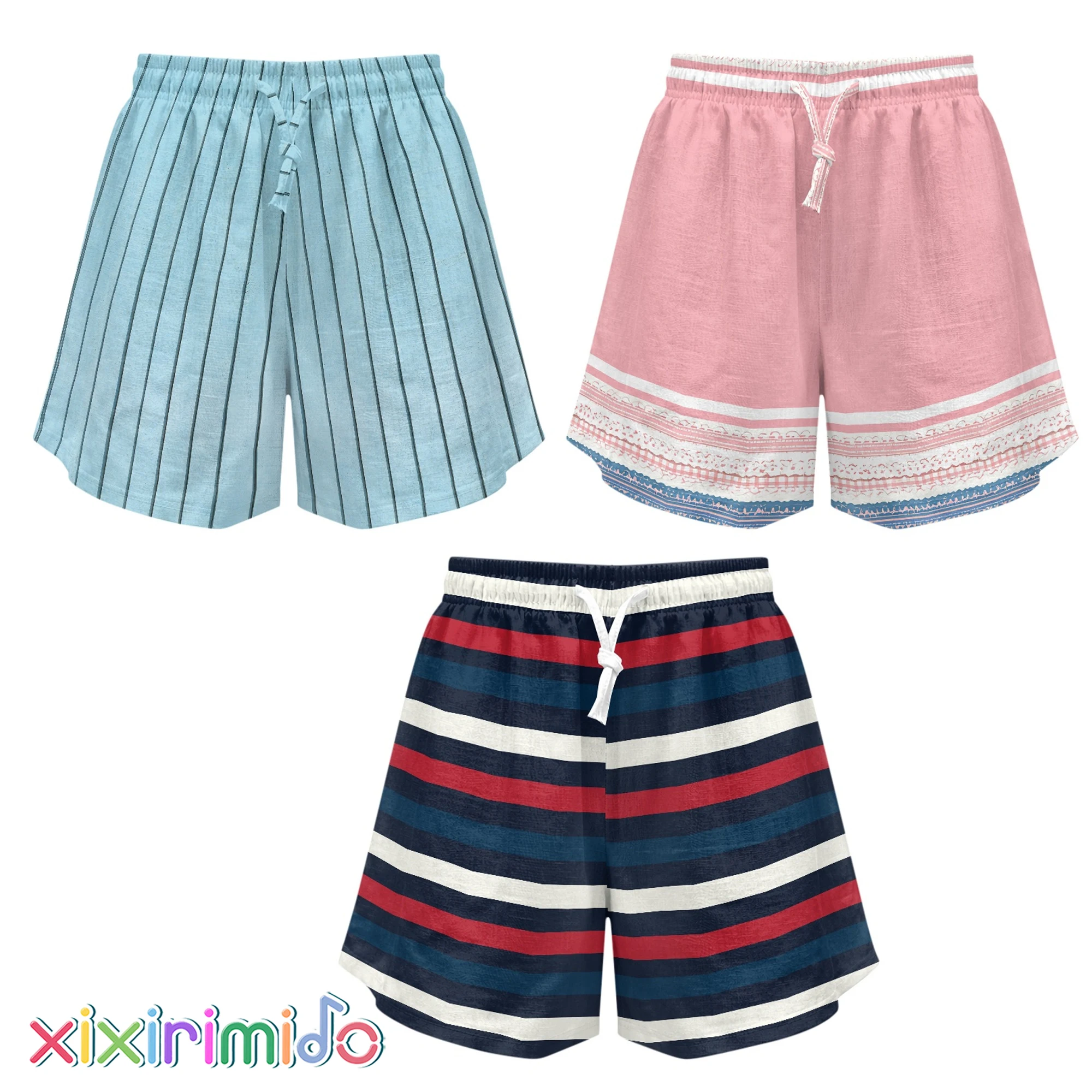 

XIXIRIMIDO Summer Linen Wide Leg Shorts Elastic Waist Drawstring Comfy Beach Vacation Striped printing Lounge Short with Pocket