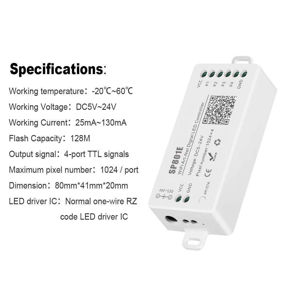 SP801E Wifi Art-Net LED Controller For WS2812B WS2811 Light Strip LED Matrix Panel Module Wireless Control iOS Android DC5-24V