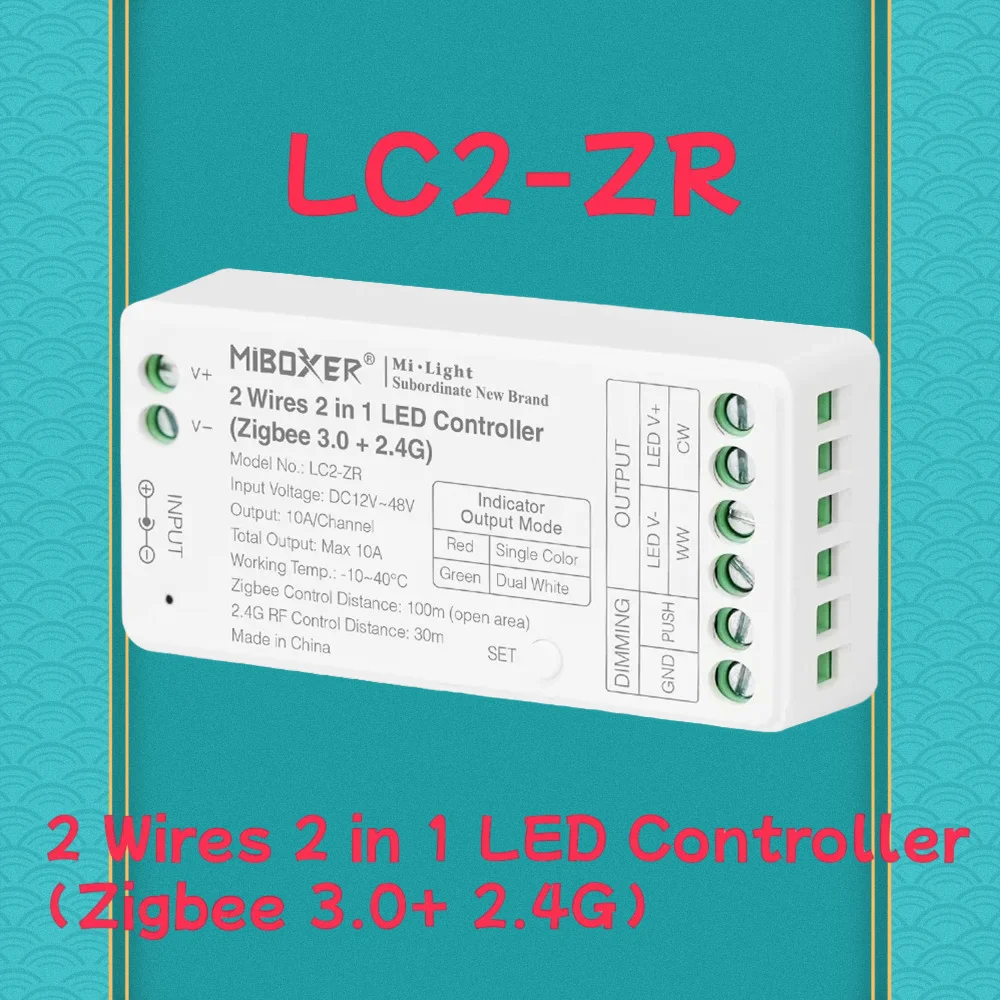 

Single color/Dual white CCT Controller Dimmer for Led Strip LC2-ZR Miboxer2in1 Zigbee 3.0+2.4G RF 2Wires Brightness adjustable