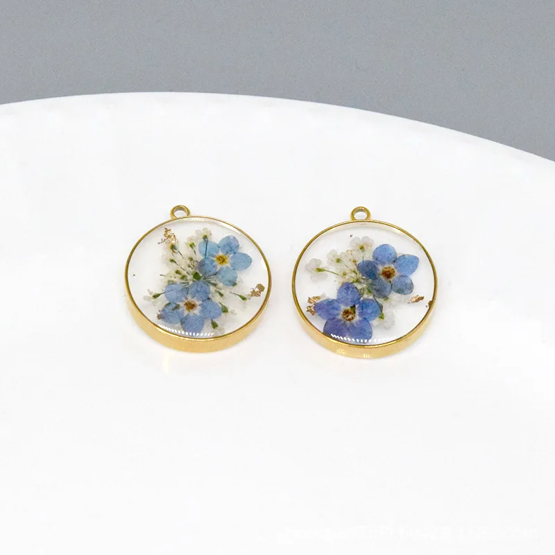 2Pcs Round Natural Real Flower Forget Me Not Resin Edged Pendant DIY Fashion Fresh Earrings Necklace Keychain