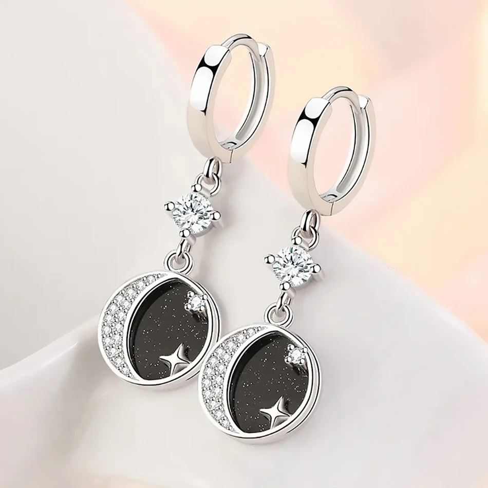 1 Pair 925 Sterling Silver inlay Zircin Night Sky Star Moon Earrings for Women's Fashion Jewelry for Everyday Accessories