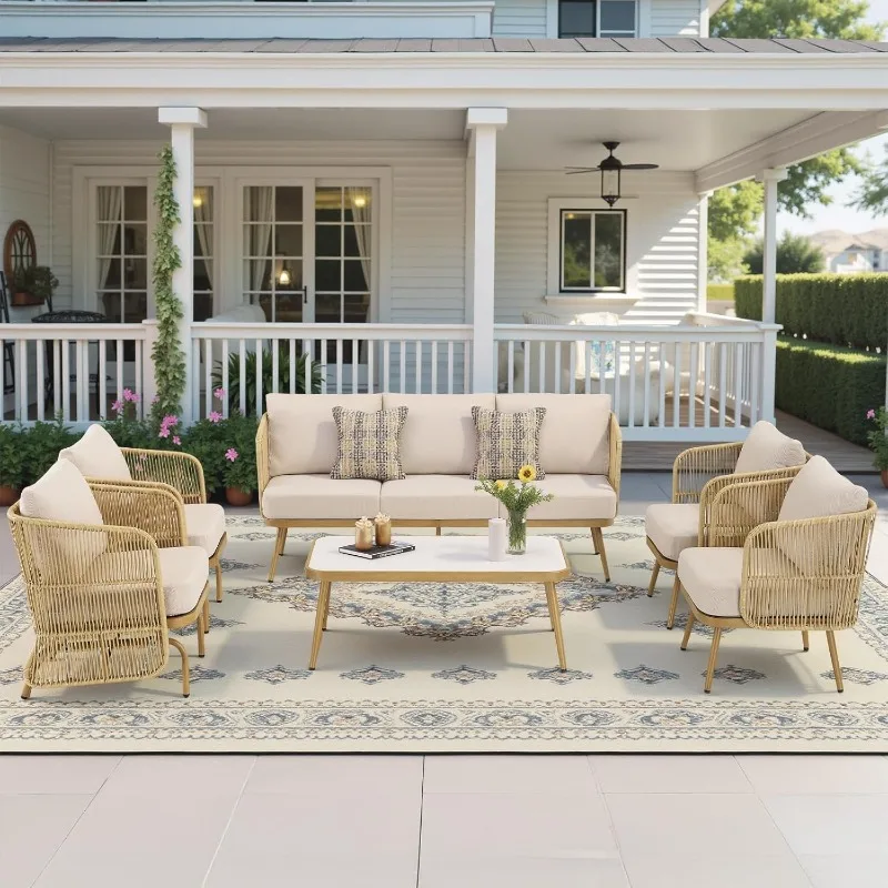 home.Patio Furniture Set-6 Pieces All-Weather Wicker Outdoor Furniture with Coffee Table and Rocking Wicker Chairs, Patio Conver