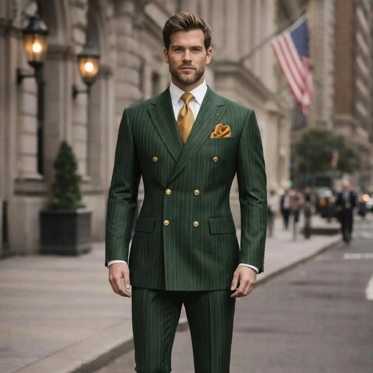 Men’s Dark Green Double Breasted Pinstripe Suit Luxury Tailored Business Wedding Formal Outfit 2pcs Jacket Pants Slim Fit