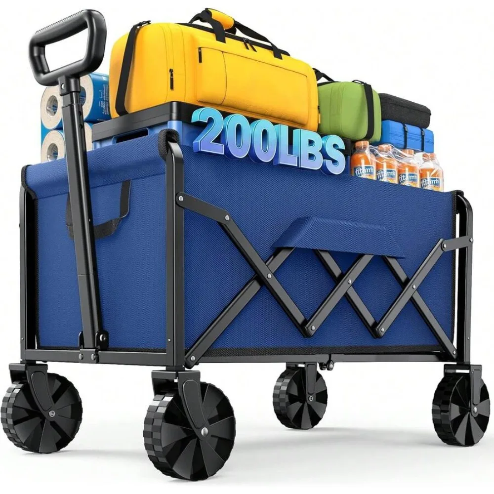 Foldable Utility Wagon Cart with Heavy Duty Wheels, Portable Collapsible Wagon for Shopping Groceries Garden Beach Camping Picnic, 200 lbs Load Capacity, Large Storage Space, Adjustable Handle, Durable Steel Frame, for Pets Kids Gear Tools, Blue
