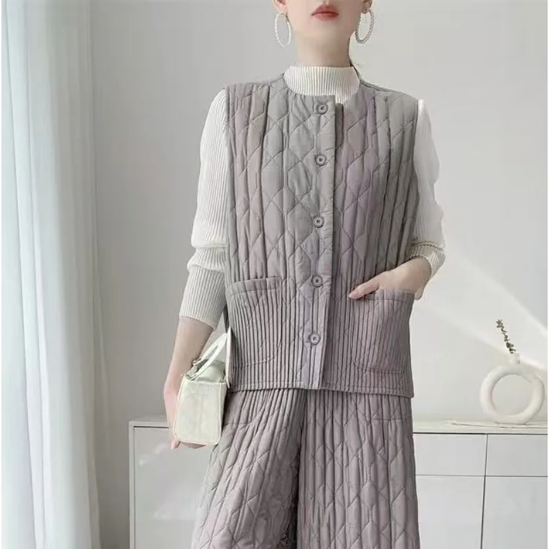 Miyake Pleated 2026 Autumn New Cotton Vest plisse Elegant Simple High-end Versatile Cotton Coat Commuter Style Warm Buttoned Top