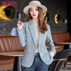 2024 Spring Autumn Women Fashion Tweed Blazers And Jackets Chic Button Office Suit Coat Ladies Elegant Outwear Female Plaid Coat